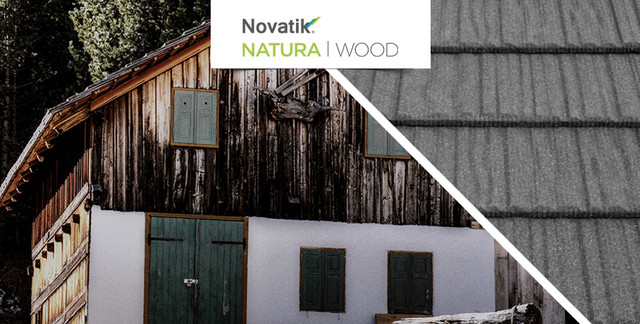 Покрівля з композитної черепиці Novatik Natura Wood dark moon (чорний) з імітацією дранки Композитна черепиця Novatik Natura Wood dark moon чорного кольору з фактурою дранки на покрівлі