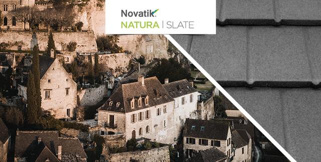 Крупный план композитной черепицы Novatik Natura Slate dark moon (черный) с мелкозернистой фактурой