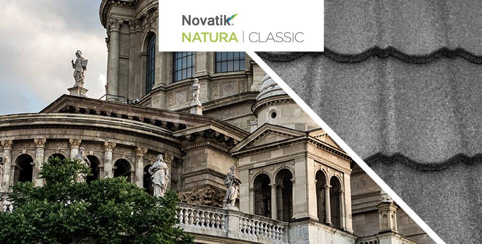 Покрівля з композитної черепиці Novatik Natura Classik silver moon у сучасному стилі Композитна черепиця Novatik Natura Classik silver moon (сірий) на даху будинку