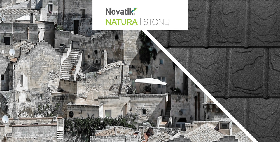 Крупный план композитной черепицы Novatik Natura Stone Dark Moon с выраженной зернистой фактурой